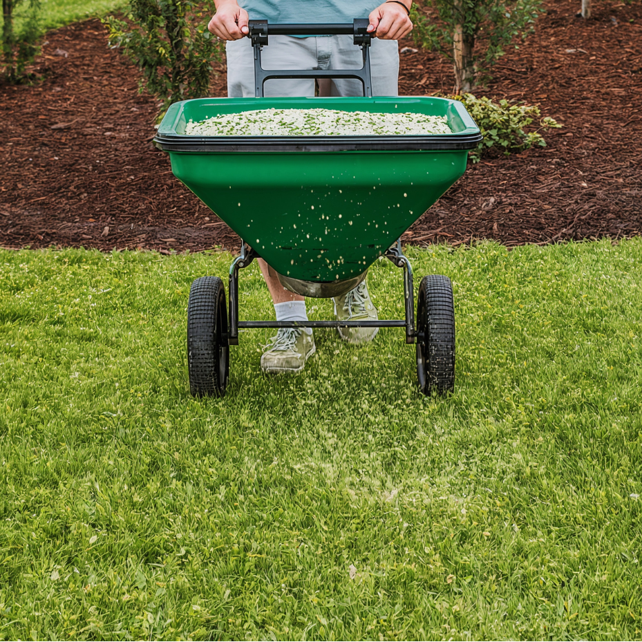 Person using a green lawn spreader on a grassy area