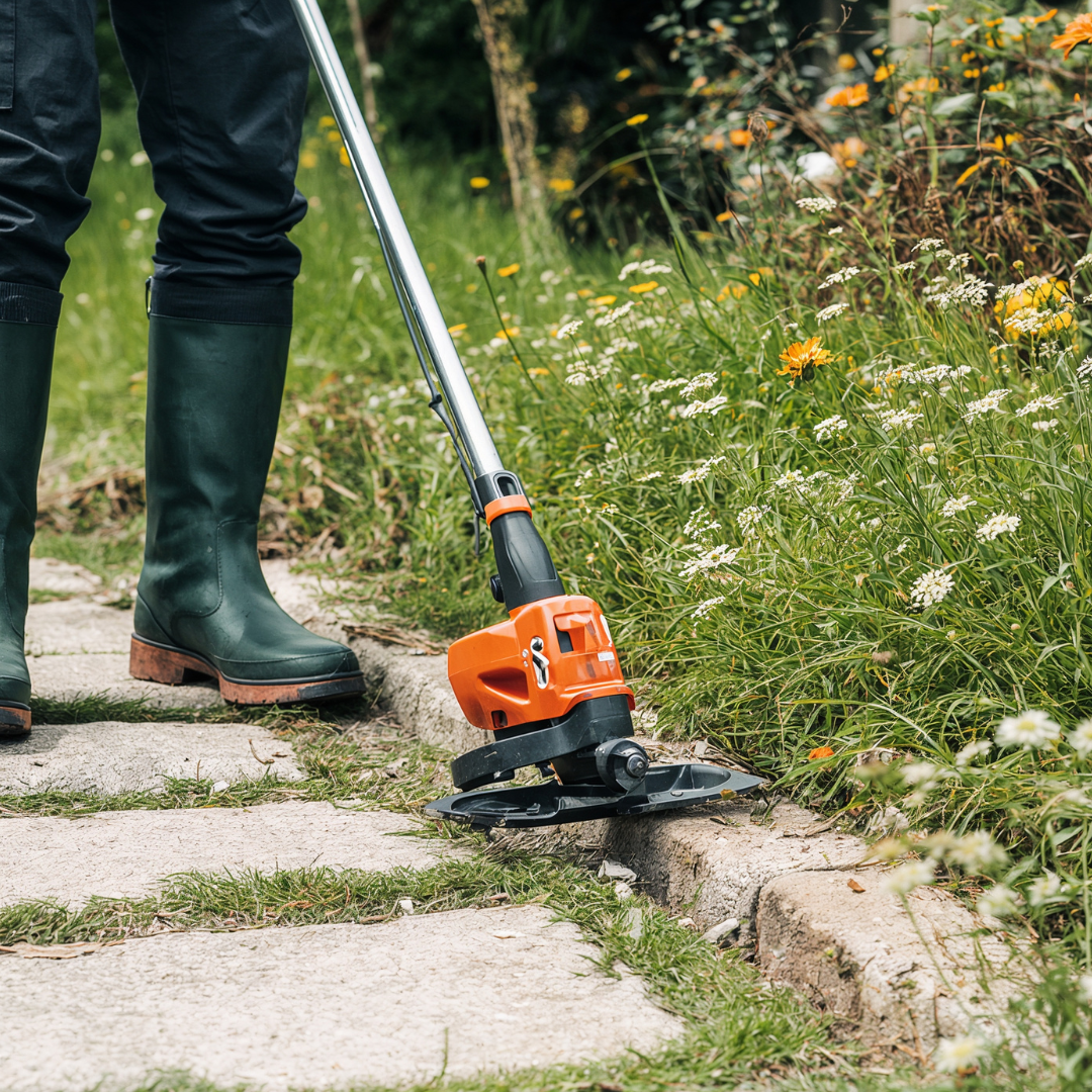 Person using a string trimmer on a garden path with grass and flowers.